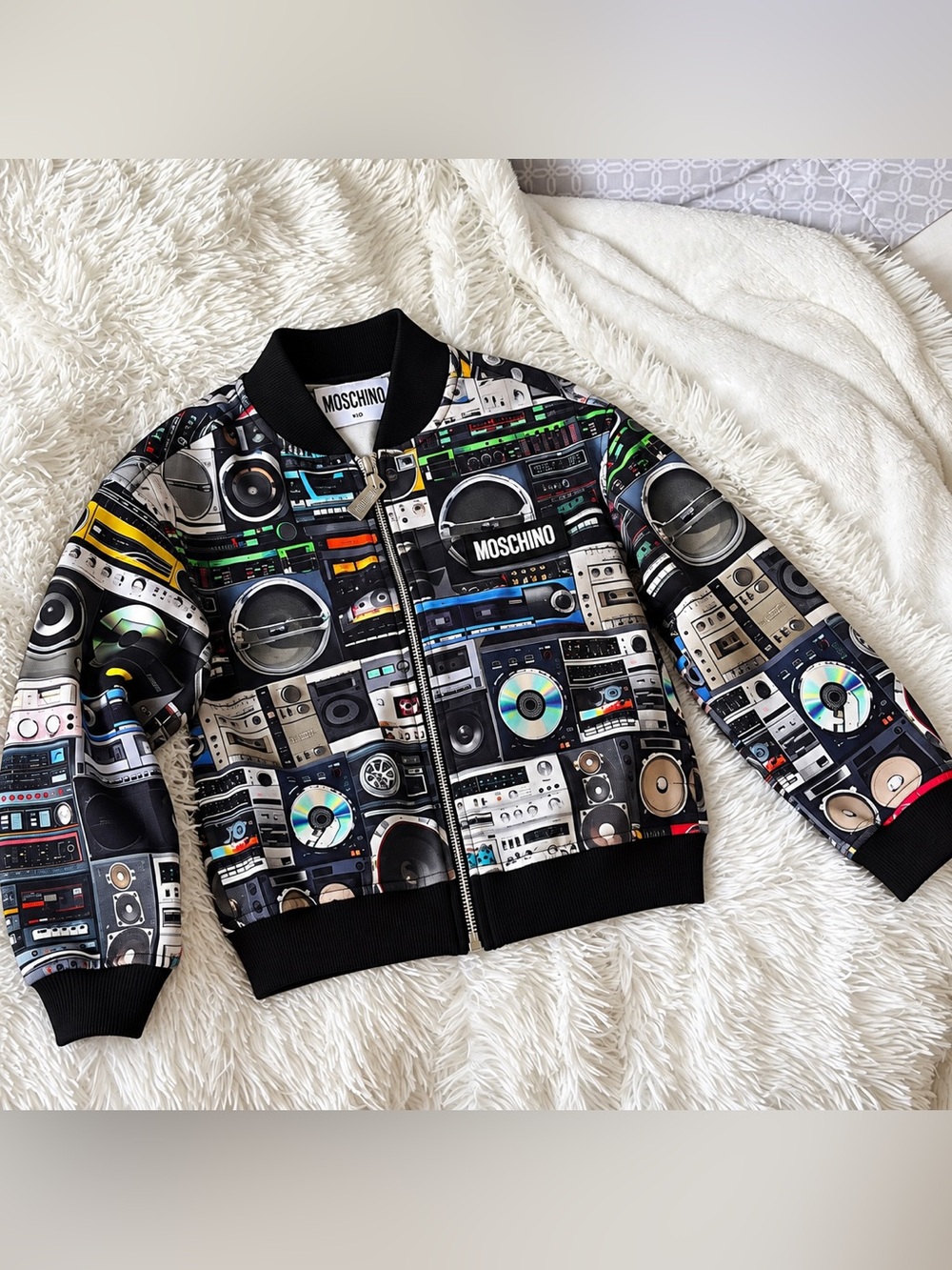 Moschino Kids Black Multi Audio Print Bomber Jacket
